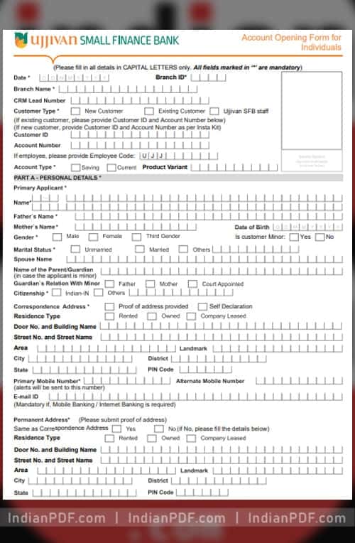 Ujjivan Bank Account Opening Form PDF - Preview 1 - indianpdf.com